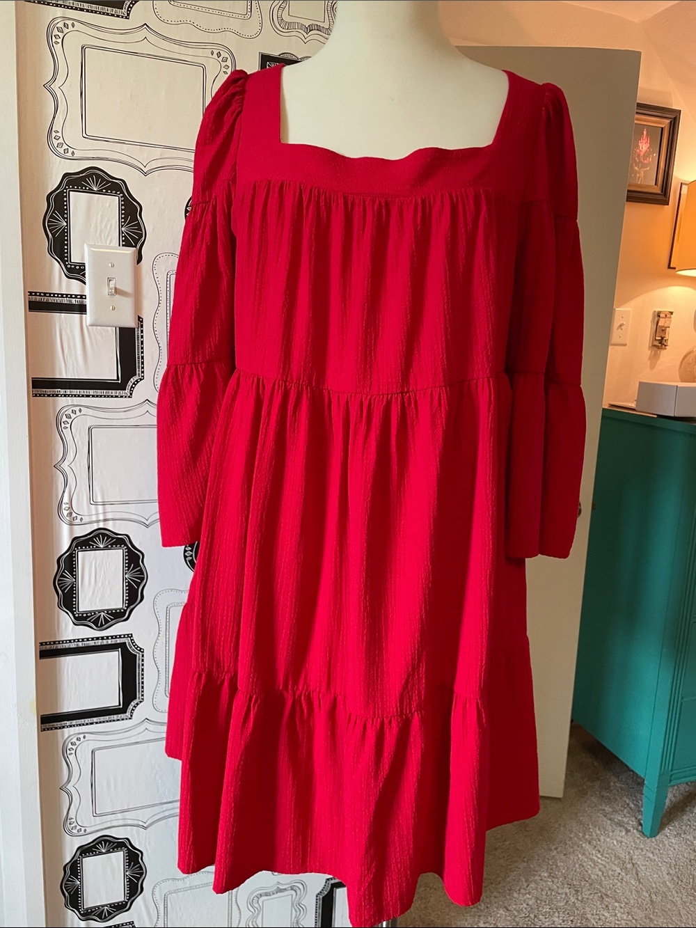 Calvin Klein Red Square-Neck Tiered Midi Dress